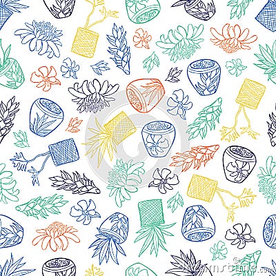 Vector white tropical pattern with ginger flowers, basket plants and bali style ceramic pots. Perfect for fabric, scrapbooking, Stock Photo