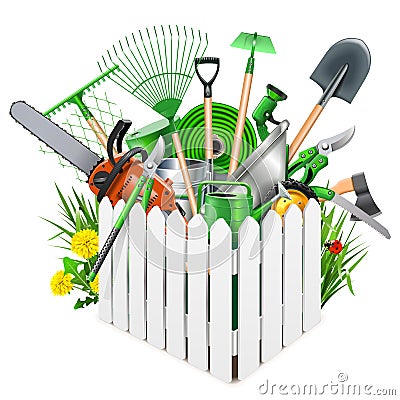 Vector White Wooden Fence with Garden Accessories Vector Illustration