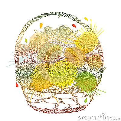 Vector wicker basket with bouquet of outline Aster flower, ornate leaf and bud in pastel yellow, orange and green isolated. Vector Illustration