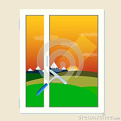 Vector window cleaning scrubber and transparent glass with sunse Vector Illustration