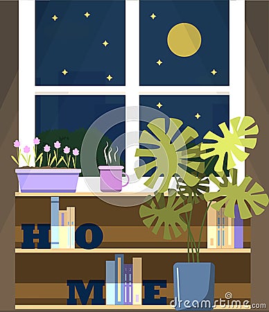 Vector window with a view of the night city, with a flower on the windowsill and a Cup of tea. A flat illustration of a Vector Illustration