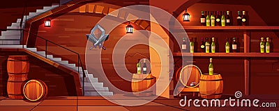 Vector wine cellar with wooden barrels, bottles Vector Illustration