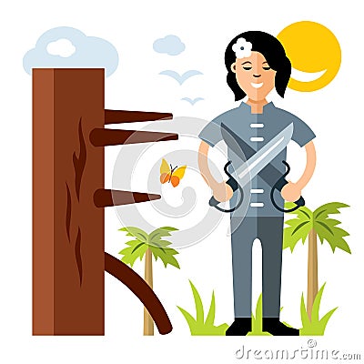 Vector Wing Chun kung fu Girl with two swords, wooden dummy. Flat style colorful Cartoon illustration. Vector Illustration