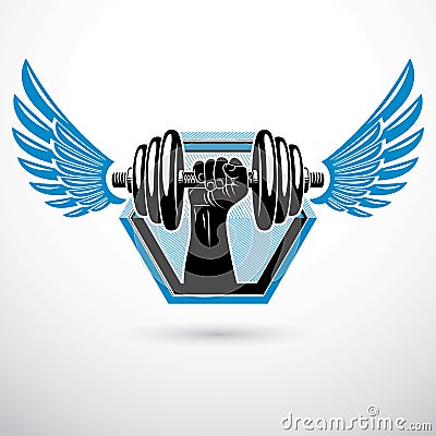 Vector winged illustration, bodybuilder muscular arm holding dumbbell. Power lifting and cross fit. Vector Illustration