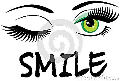 Vector winking green eyes with smile text. Vector Illustration