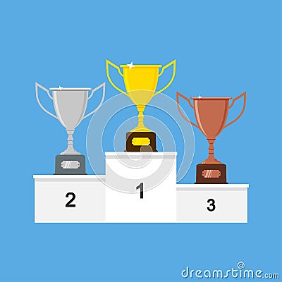 Vector winners podium with gold, silver and bronze trophy cups or awards. Vector Illustration