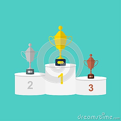 Vector winners white round podium with gold, silver and bronze trophy cups or prizes. Vector Illustration