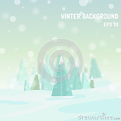 Vector winter background. Holiday winter template with Christmas trees, snowflakes and bokeh effect. Vector Illustration