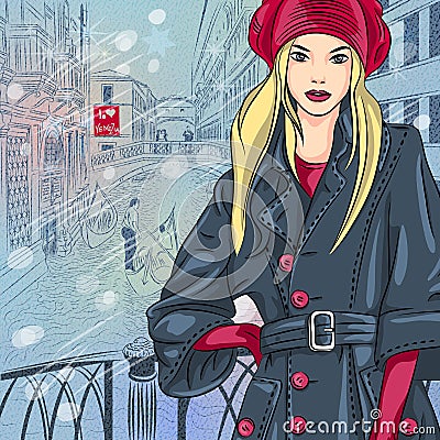 Vector winter Christmas cityscape with the Bridge Vector Illustration