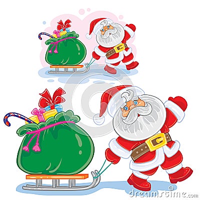 Vector winter Christmas, New Year illustration Santa Claus pulls a sleigh with a bag of gifts. Vector Illustration