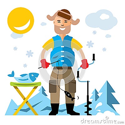 Vector Winter fishing. Flat style colorful Cartoon illustration. Vector Illustration