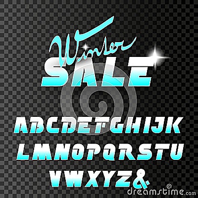 Vector winter font, alphabet. Winter sale, special offer with glint of star on transparent background. Vector Illustration