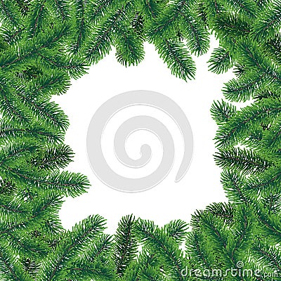 Vector winter frame poster with coniferous tree branches with needle leaves on white background Vector Illustration