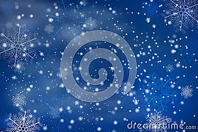 Vector winter holiday shine blurred background with snowflakes, trees, falling snow. Vector Illustration