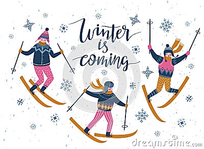 Vector winter illustration of skiers. Sports children isolated on the white background and lettering - `winter is coming`. Vector Illustration