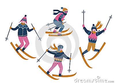 Vector winter illustration of skiers. Sports children isolated on the white background. Trendy scandinavian design. Vector Illustration