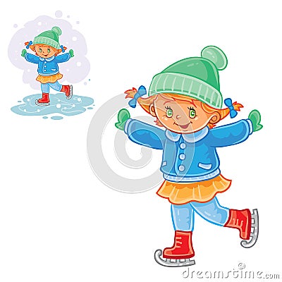 Vector winter illustration of small girl ice skating Vector Illustration