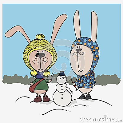 Winter illustration. Two cute bunnies with clothes in snowman Cartoon Illustration