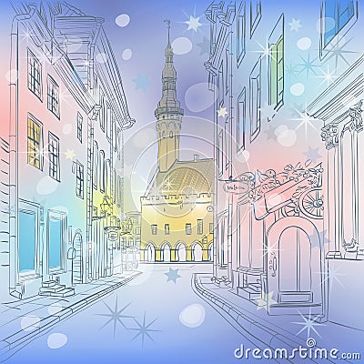 Vector winter Medieval Old Town, Tallinn, Estonia Vector Illustration