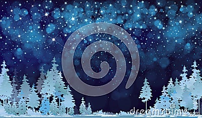 Vector winter night starry sky and forest. Vector Illustration