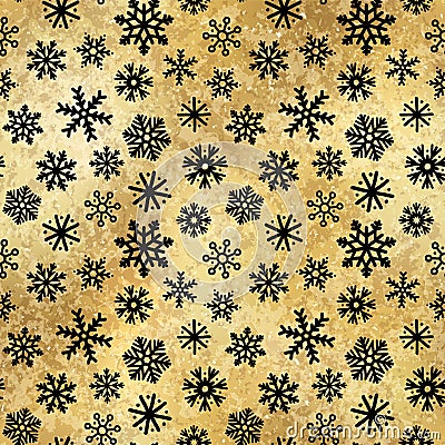 Vector Winter Snowflakes Golden Seamless Pattern. Christmas hand drawn snow print on shiny yellow gold foil background Vector Illustration