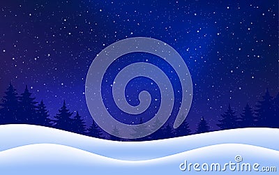 Vector winter starry background. Night with fir trees snow dark blue sky. Vector illustration. Merry Christmas card Vector Illustration