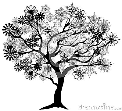 Vector Winter Tree with Black Snowflakes. Vector Illustration