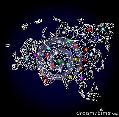 Vector Wire Frame Mesh Map of Europe and Asia with Glowing Spots for New Year Vector Illustration