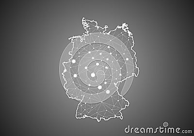 Vector wireframe mesh polygonal of germany map. Abstract global connection structure. Map connected with lines and dots. Geometric Vector Illustration