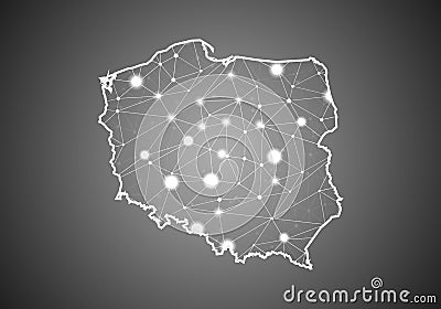 Vector wireframe mesh polygonal of poland map. Abstract global connection structure. Map connected with lines and dots. Geometric Vector Illustration