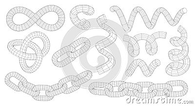 Vector Wireframe shapes. 3D technology grid. Spirals, Twisted Curves, Chains, Links, Trefoil Knot. Connection Structure Vector Illustration