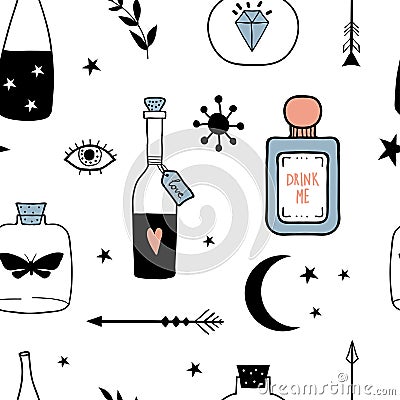 Vector witch seamless pattern with magic cartoon bottles Vector Illustration