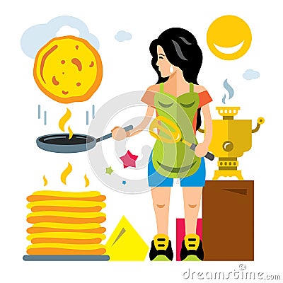 Vector Woman bakes pancakes. Flat style colorful Cartoon illustration. Vector Illustration