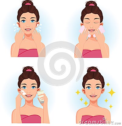 Vector A Woman Cleaning Her Face Foaming Cleanser Vector Illustration