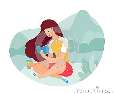 Vector woman enjoy reading on nature on picnic Vector Illustration