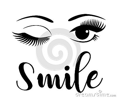 Vector woman face, eyes with long lashes, smile text. Vector Illustration