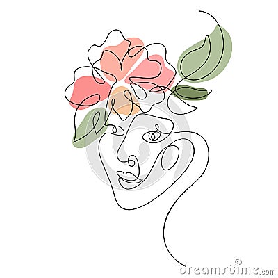 Vector woman face with flower one line drawing. Monoline portrait minimalistic style. Simple design illustration logo or Vector Illustration