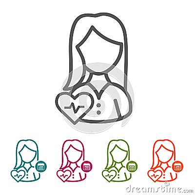 Woman with Heartbeat icons in thin line Style and flat Design Stock Photo