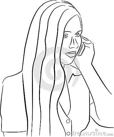 Woman with long hair using a cellphone looking right Vector Illustration