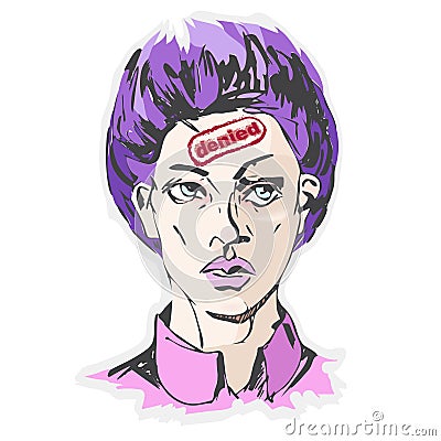 Vector woman portrait with a stamp on the forehead `denied` Vector Illustration