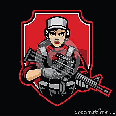 Woman soldier mascot hold the assault rifle Vector Illustration