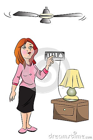 Vector of woman switching on fan Vector Illustration
