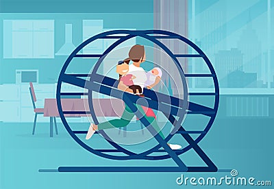 Vector of a woman with two little kids running in a wheel in her apartment feeling overburdened with daily errands Vector Illustration