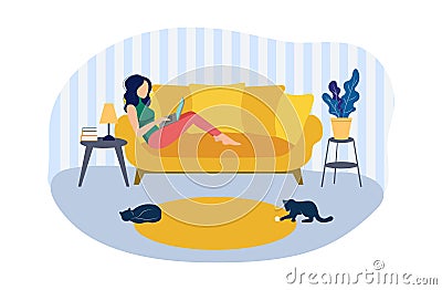 Vector Woman Working on Sofa from Home, Remote Job Concept Interior Room and Playing Cats Illustration Isolated Vector Illustration
