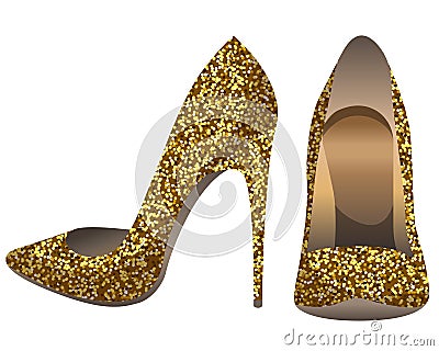 Vector women's gold pumps with sparkles isolated on white. Shiny high heel shoes. Vector Illustration