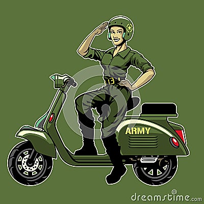 Women World War Soldier Riding the Old Scooter Vector Illustration