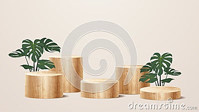 Vector wood podium presentation mock up, Wooden show cosmetic product display Vector Illustration