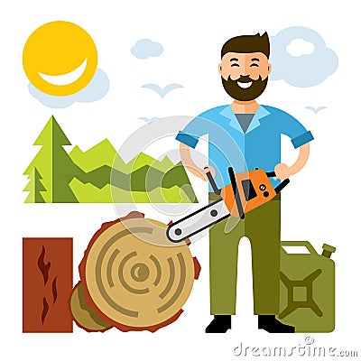 Vector Woodcutter. Flat style colorful Cartoon illustration. Vector Illustration