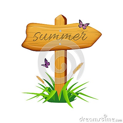 Vector wooden arrow with Summer text. Vector Illustration