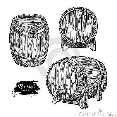 Vector wooden barrel. Hand drawn vintage illustration in engrav Vector Illustration